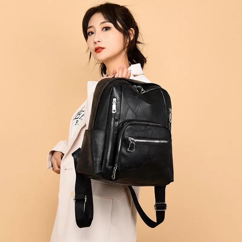 Backpack Korean Style Simple Trendy   Bag Soft Leather Casual Fashion Travel Large Capacity Schoolbag