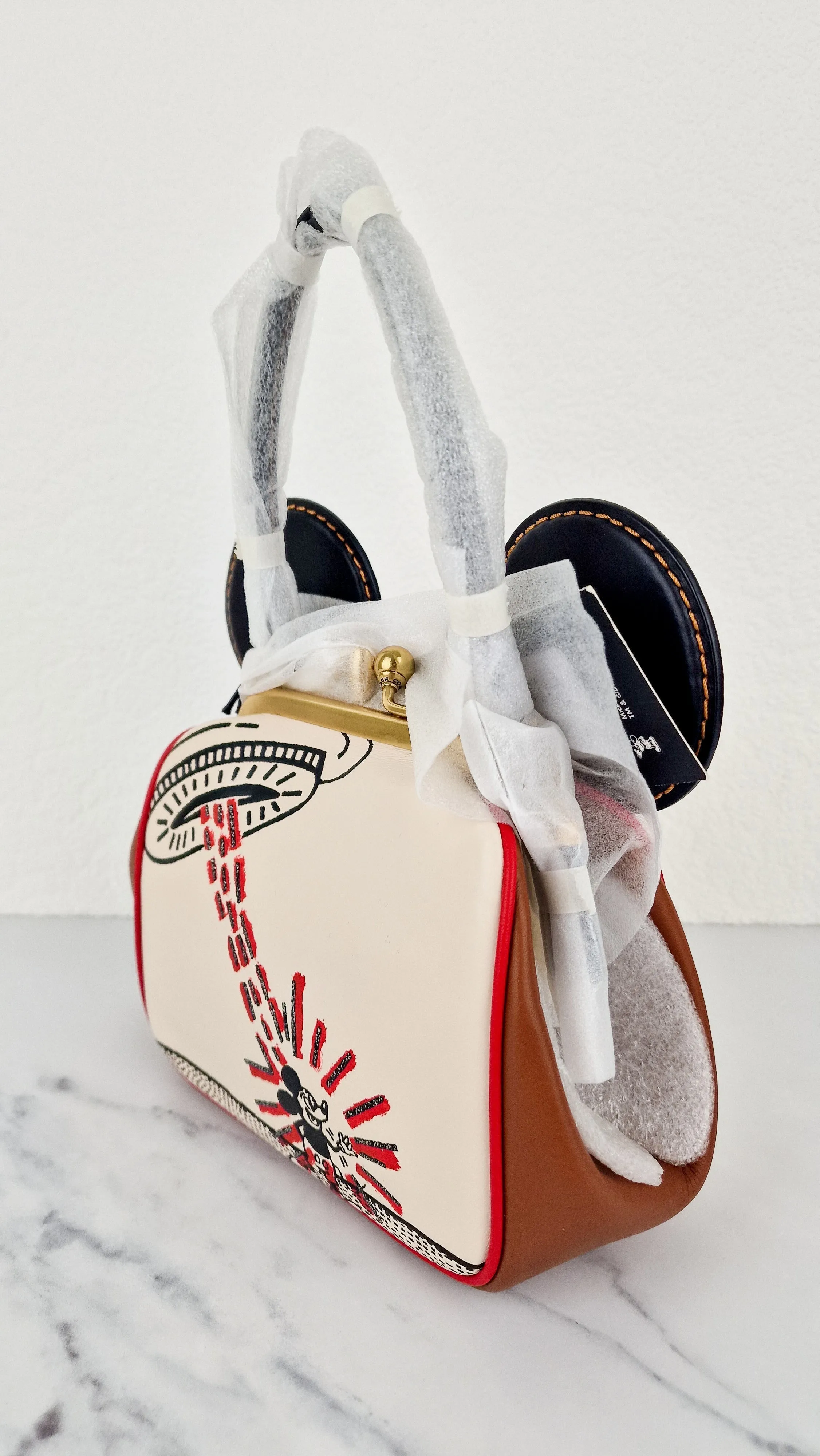 Disney x Coach x Keith Haring Mickey Mouse Kisslock Bag in Smooth Leather With Mickey Mouse and Spaceship Pop Art Crossbody Bag Handbag - Coach 4719