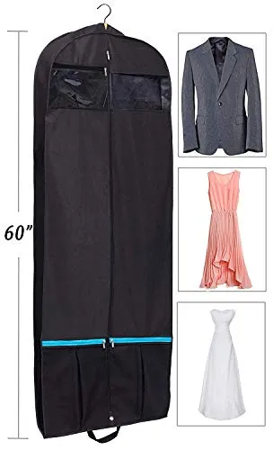 KIMBORA 60" Black Garment Bag Breathable Travel Storage with 2 Large Mesh Pockets and Carry Handles for Suits, Dresses, Coats, Tuxedos Cover (Pack of 2)