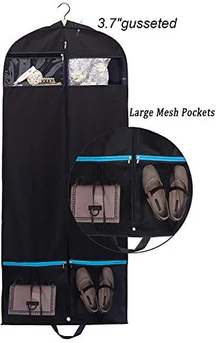 KIMBORA 60" Black Garment Bag Breathable Travel Storage with 2 Large Mesh Pockets and Carry Handles for Suits, Dresses, Coats, Tuxedos Cover (Pack of 2)