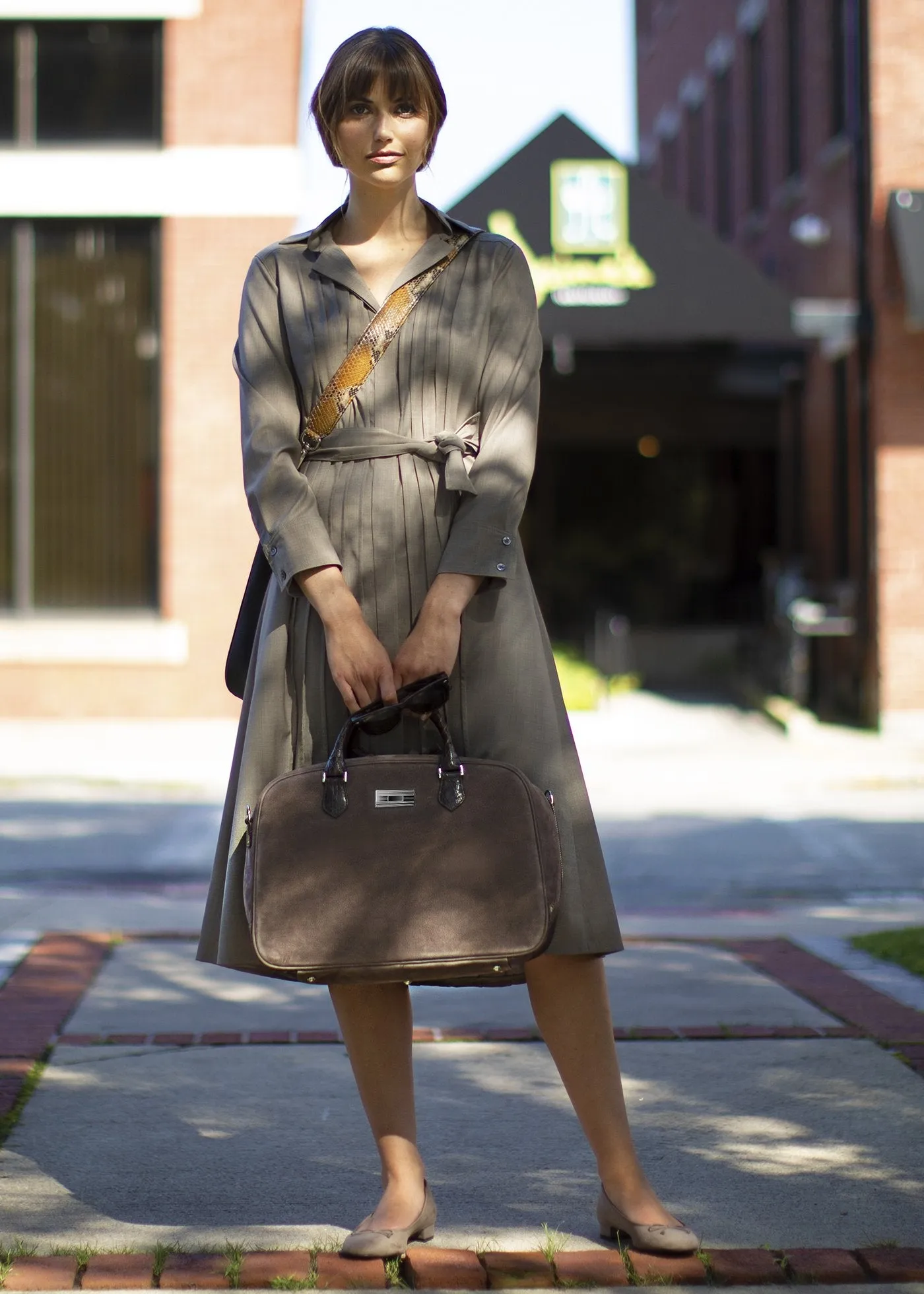 Newport Travel Satchel Bag, Light Brown Suede & Croc Weekender