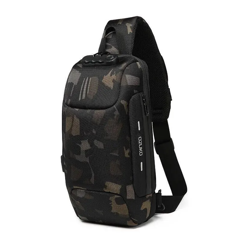 OZUKO Men Anti-theft Crossbody Sling Bag With USB Charging Port Waterproof Anti-Scratch Shoulder Bag Large Capacity Chest Bag