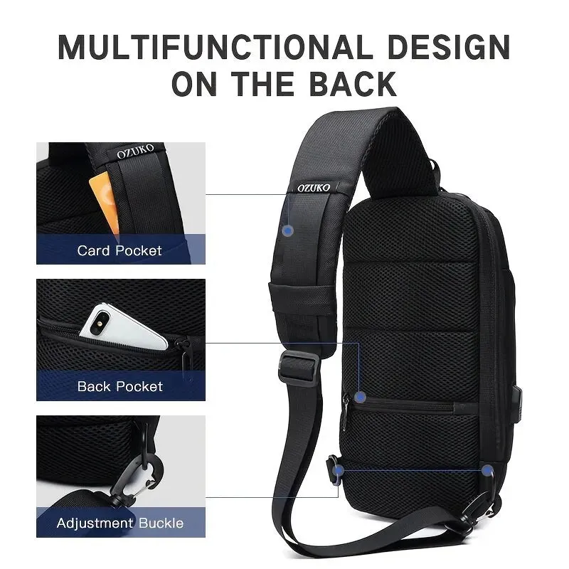 OZUKO Men Anti-theft Crossbody Sling Bag With USB Charging Port Waterproof Anti-Scratch Shoulder Bag Large Capacity Chest Bag