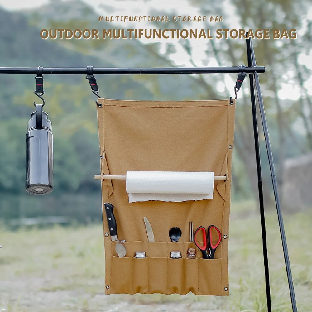 Portable Multi-Pocket Canvas Camping Tableware Storage Bag & Towel Rack for Outdoor Hiking Cutlery