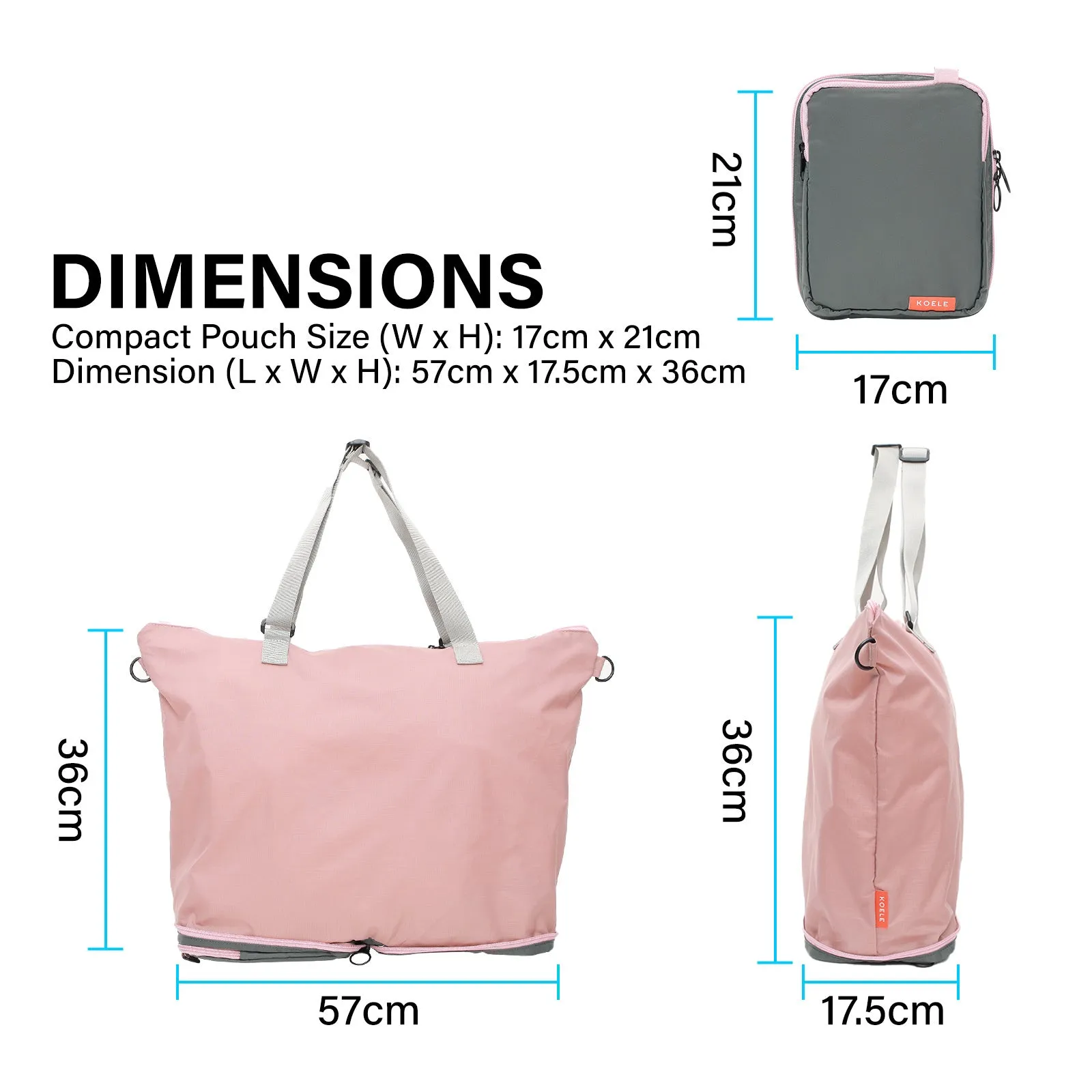 Shopper Tote Bag Foldable Travel Laptop Grocery KO-DUAL - Pink