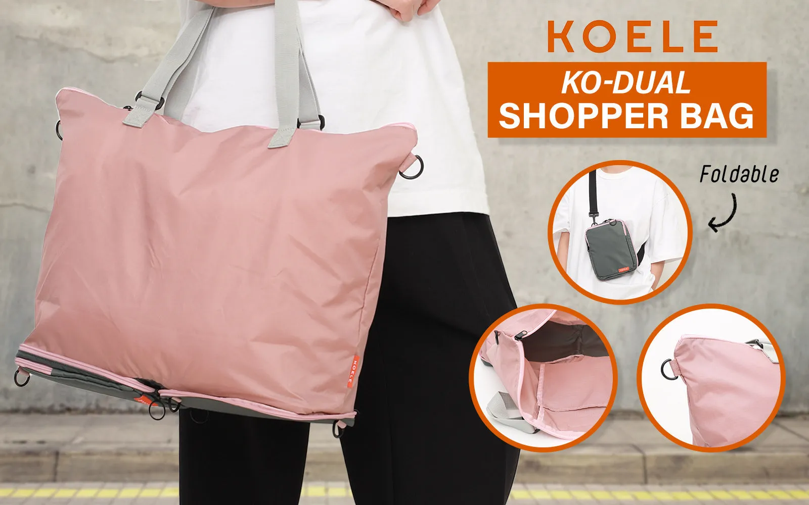 Shopper Tote Bag Foldable Travel Laptop Grocery KO-DUAL - Pink