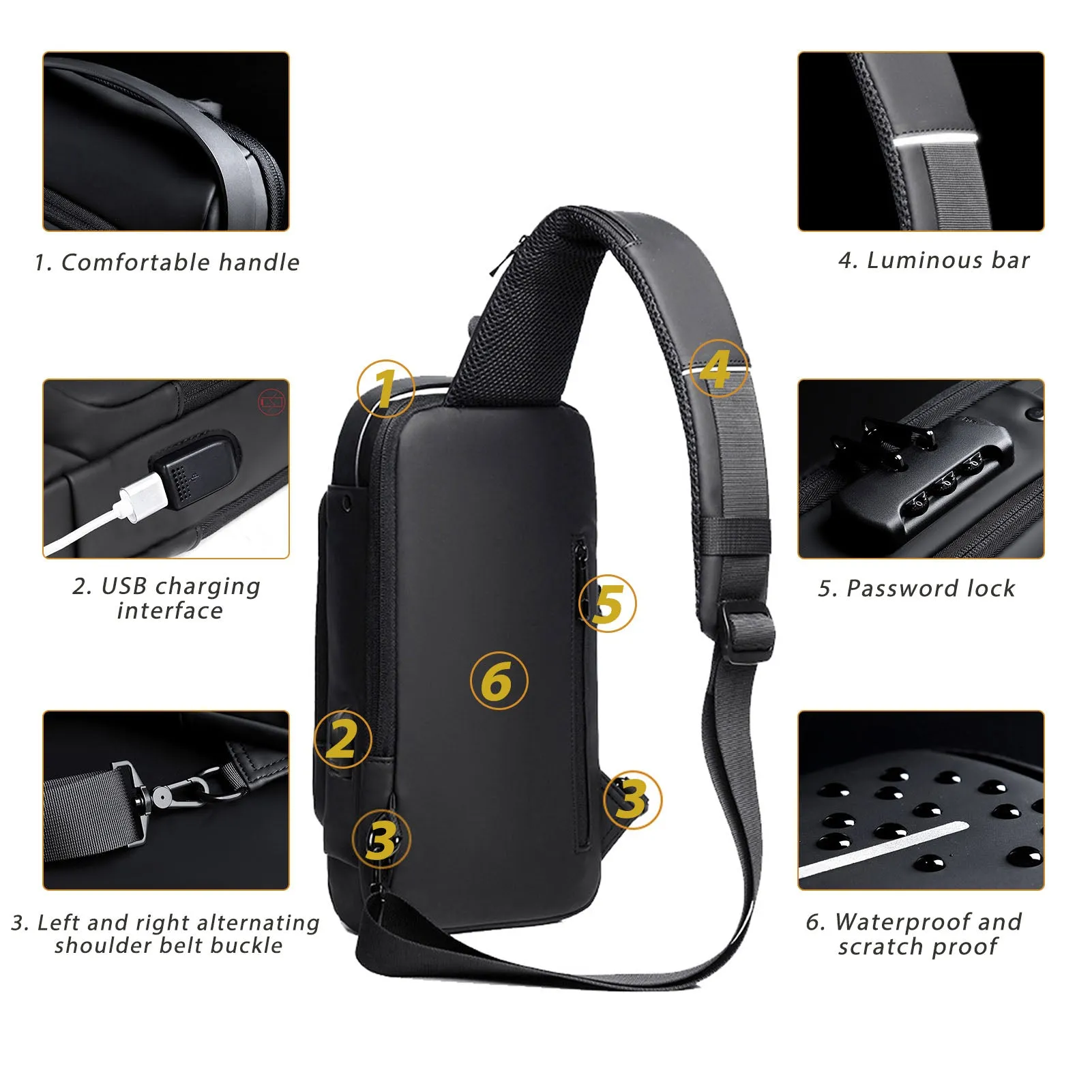 USB Charging Sport Sling Bag Male Anti-theft Chest Bag with Password Lock &  Adjustable Shoulder Strap